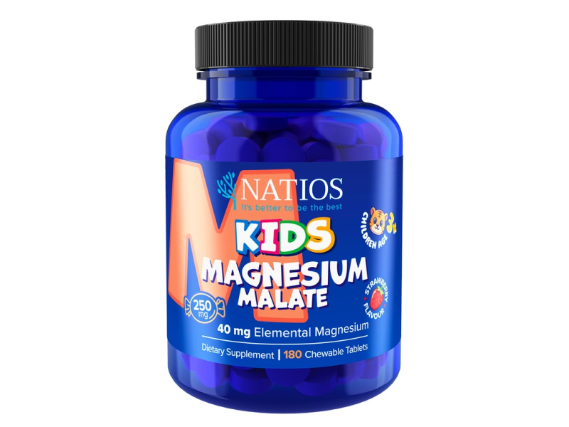 NATIOS Kids Magnesium Malate, 250 mg, 180 jahodových cucacích tabletek - NATIOS