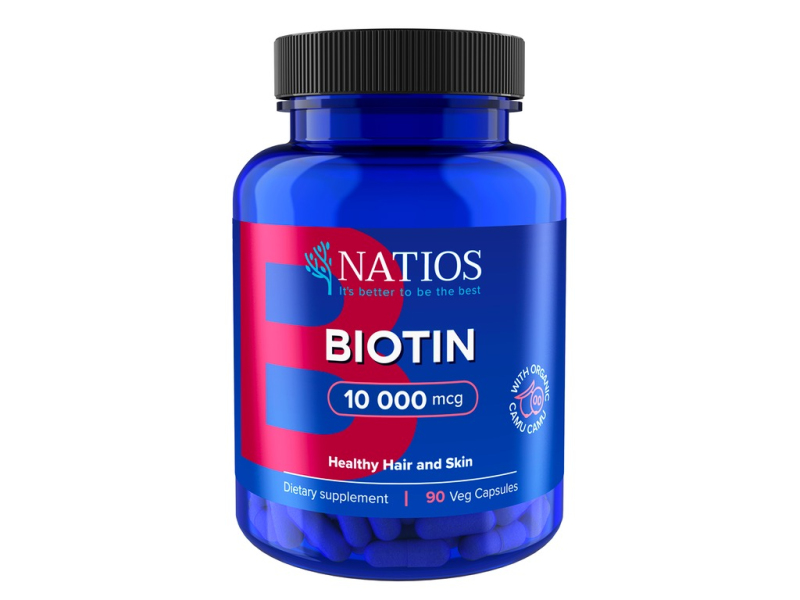 NATIOS Biotin, 10 000 mcg, Extra Strength, 90 veganských kapslí - NATIOS