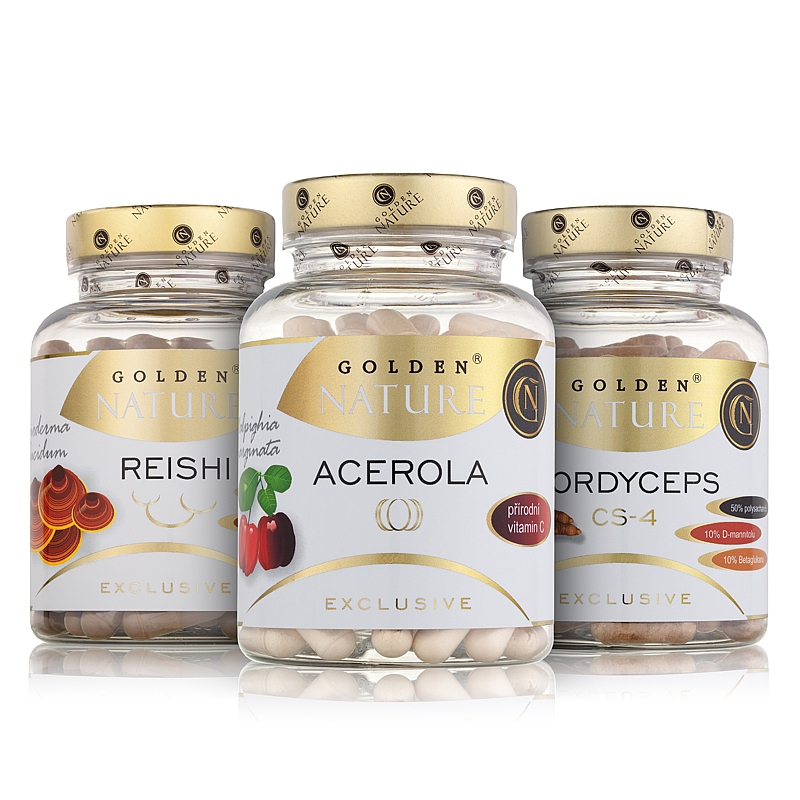 GN Exclusive Acerola 100 cps. + Cordyceps 100 cps. + Reishi 100 cps. + dárek Golden Nature Goji 80g zdarma